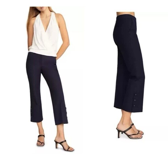 Trina Turk Ore Cropped Boot Pants  Size 2  Navy Mid-Rise Kick Flare Leg - Picture 1 of 16